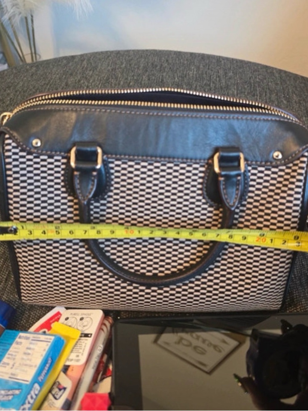 Coach Black and White Checkered Satchel with Brown Leather Trim - Picture 7 of 8